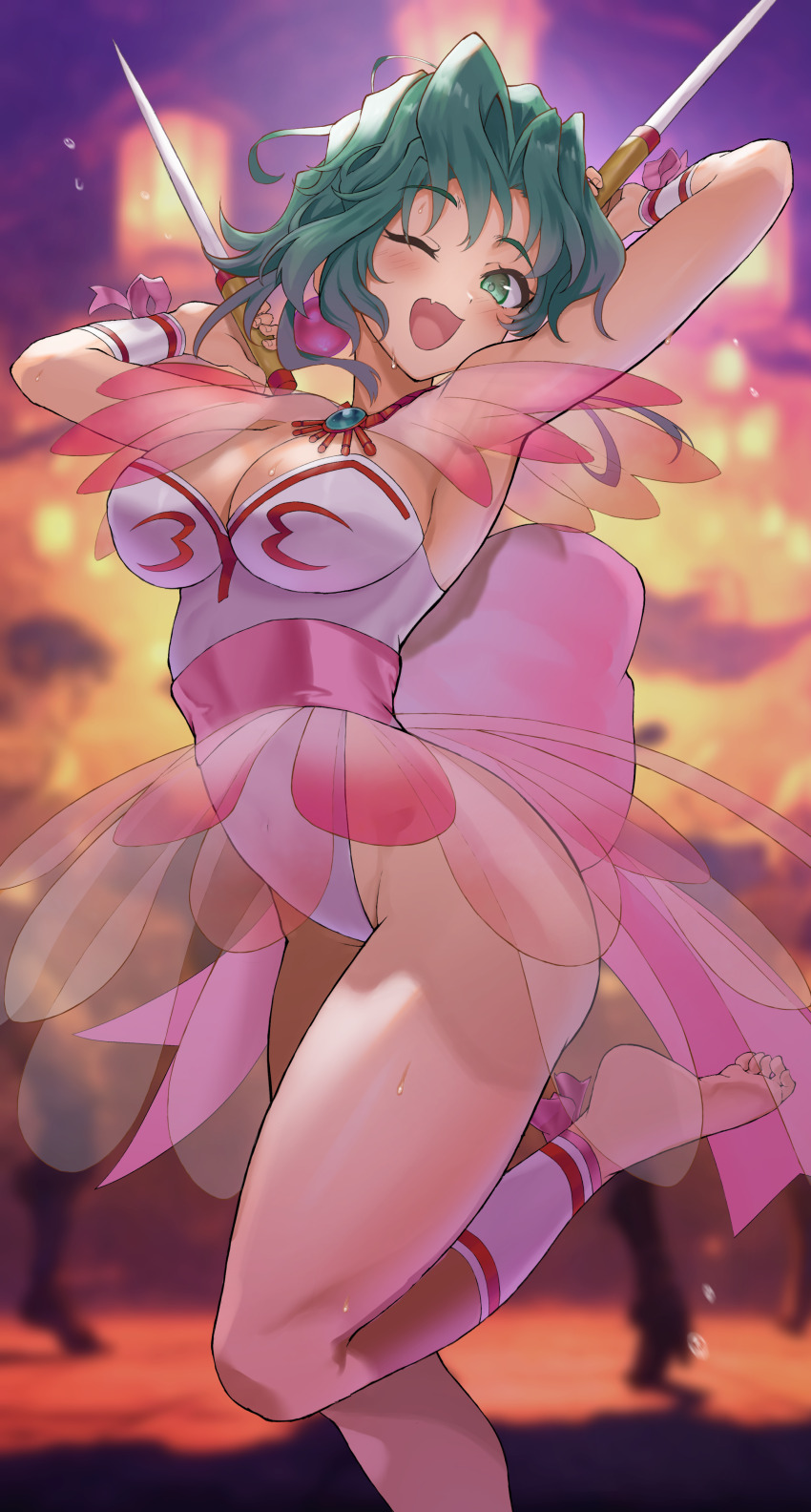 1girl absurdres breasts cleavage ellis_(toushinden) green_hair highres large_breasts leotard toushinden white_leotard