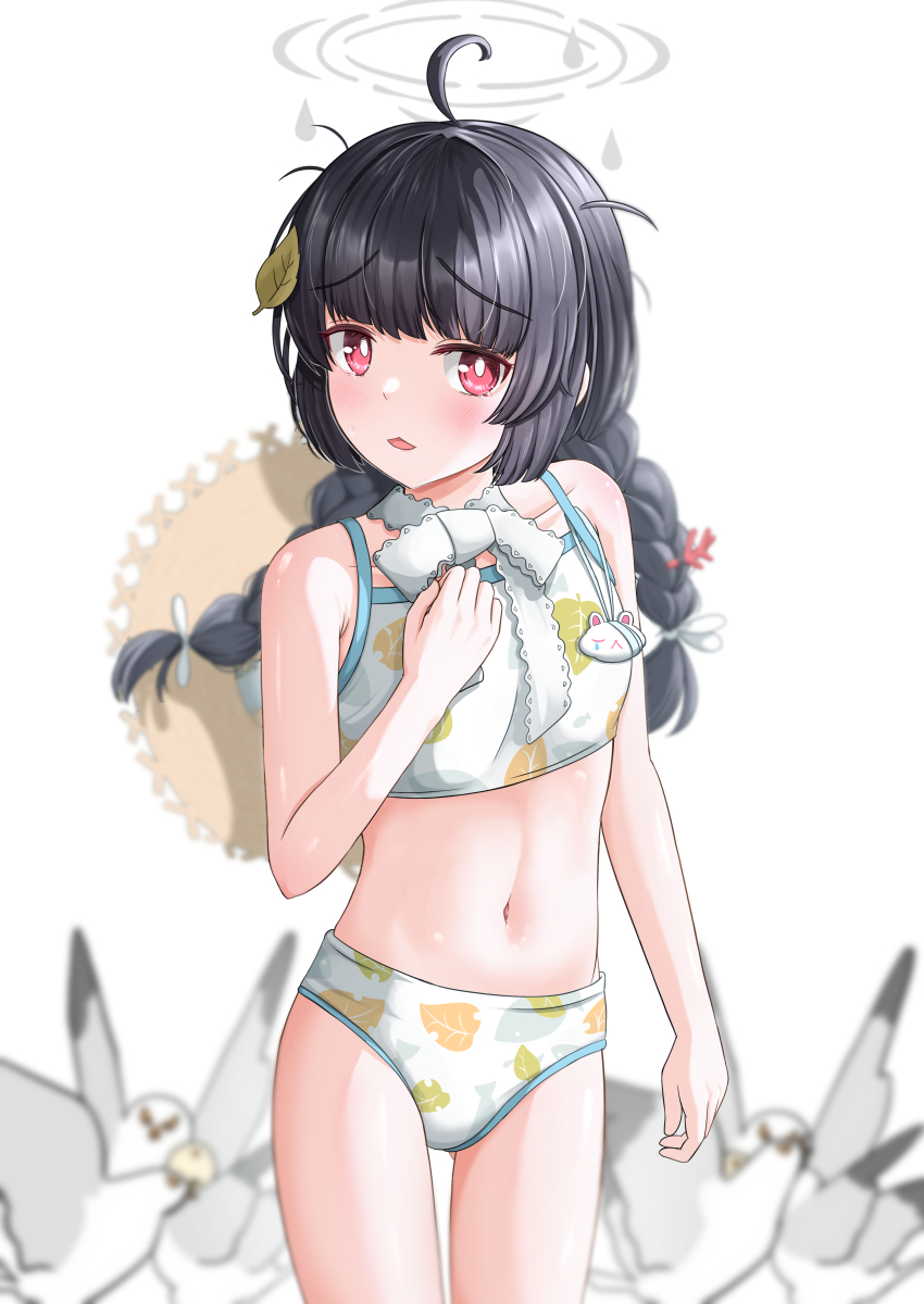 1girl absurdres ahoge arm_at_side bare_arms bare_shoulders bikini bird black_hair blue_archive blunt_bangs blurry blush braid bright_pupils clenched_hand commentary cowboy_shot depth_of_field furrowed_brow gamel_120 grey_halo halo hand_up hat hat_on_back highres leaf leaf_on_head leaf_print long_hair looking_at_viewer low_twintails messy_hair miyu_(blue_archive) miyu_(swimsuit)_(blue_archive) navel official_alternate_costume official_alternate_hairstyle open_mouth petite print_bikini red_eyes seagull sidelighting simple_background solo straw_hat swimsuit twin_braids twintails unworn_hat unworn_headwear white_background white_bikini white_pupils