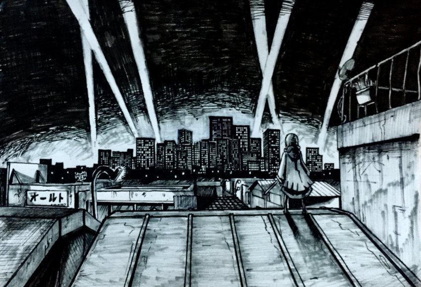 1other ambiguous_gender billboard building character_request city cityscape copyright_request hatching_(texture) highres holding hood hood_down lamppost long_sleeves monochrome night omao outdoors railing robe rooftop scenery searchlight sleeves_past_wrists solo standing traditional_media translation_request wide_shot