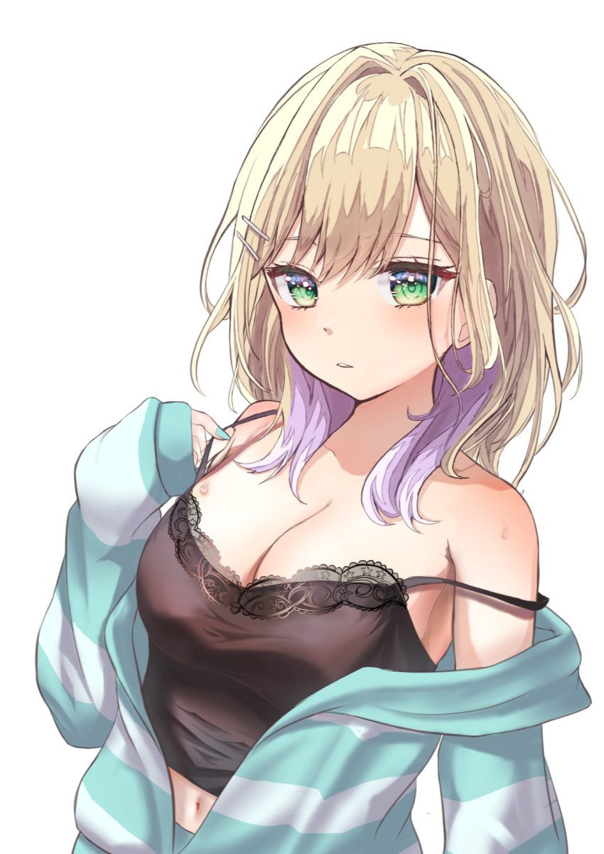 1girl aqua_hoodie aqua_nails bare_shoulders black_camisole blonde_hair breasts camisole cleavage colored_inner_hair green_eyes hair_ornament hairclip highres hood hoodie kurumi_noah kurumi_noah_(6th_costume) lace-trimmed_camisole lace_trim large_breasts long_hair long_sleeves looking_at_viewer loungewear midriff multicolored_hair navel off_shoulder open_clothes open_hoodie parted_lips purple_hair simple_background sleeves_past_wrists solo strap_lift strap_slip striped_clothes striped_hoodie sweat tenkey_toko upper_body virtual_youtuber vspo! white_background