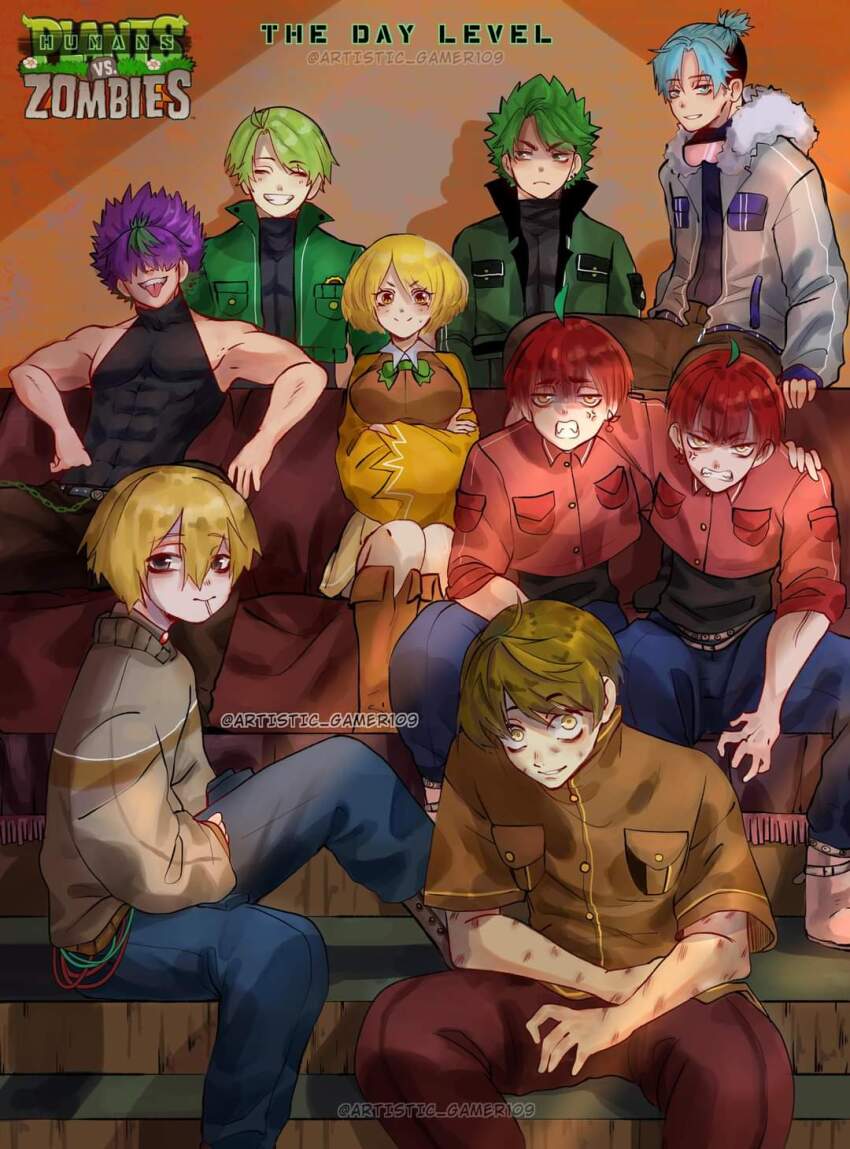 1girl 6+boys ahoge anger_vein angry arm_on_another&#039;s_shoulder arm_rest bags_under_eyes beige_sweater belt belt_buckle black_eyes black_hair black_jacket black_pants black_shirt black_tank_top black_undershirt blonde_hair blue_belt blue_eyes blue_hair blue_jacket blue_pants blush bomb boots bow bowtie breast_pocket breasts brothers brown_footwear brown_hair brown_shirt brown_stripes brown_sweater bruise bruise_on_arm buckle cable candy chain cherry cherry_bomb_(plants_vs_zombies) cherry_earrings chomper_(plants_vs_zombies) clenched_teeth closed_eyes closed_mouth coat collared_shirt commentary_request couch covered_eyes cropped_jacket cropped_shirt crossed_arms dark_blonde_hair dark_brown_pants detonator dress_shirt ear_ornament ear_piercing earrings explosive facing_to_the_side facing_viewer fangs female_focus flower food food-themed_earrings food_themed_earrings fruit fur-trimmed_jacket fur_trim furrowed_brow goggles goggles_around_neck green_bow green_bowtie green_chain green_eyes green_hair green_jacket grey_jacket hair_between_eyes hair_over_eyes hair_tie half-closed_eyes hand_on_another&#039;s_shoulder hand_on_shoulder head_down head_turn high_collar highres humanization injury jacket jewelry knee_up light_blush lollipop looking_at_another looking_at_viewer looking_to_the_side looking_up male_focus medium_breasts multicolored_hair multicolored_jacket multicolored_pants multicolored_shirt multicolored_sweater multiple_boys muscular muscular_arms muscular_male on_couch open_clothes open_jacket pants peashooter_(plants_vs_zombies) pectorals personification piercing pink_belt plant plants_vs_zombies pocket ponytail potato potato_mine_(plants_vs_zombies) pouch purple_hair raised_eyebrows red_hair red_shirt reka-san repeater_(plants_vs_zombies) resting shaded_face sharp_teeth shirt short_hair shoulder_pocket siblings simple_background sitting skin_tight skin_tight_clothing skirt sleeveless sleeves_rolled_up smile snow_goggles snow_pea_(plants_vs_zombies) spiked_hair steps sun sun_ornament sunflower sunflower_(plants_vs_zombies) sweatdrop sweater tagme tank_top teeth toned toned_male toned_stomach tongue tongue_out turtleneck turtleneck_shirt twins undercut veins veiny_arms veiny_face venus_flytrap wall-nut_(plants_vs_zombies) walnut white_shirt white_undershirt wide-eyed winter_clothes winter_coat wire yellow_eyes yellow_shirt yellow_skirt yellow_sleeves yellow_stripes