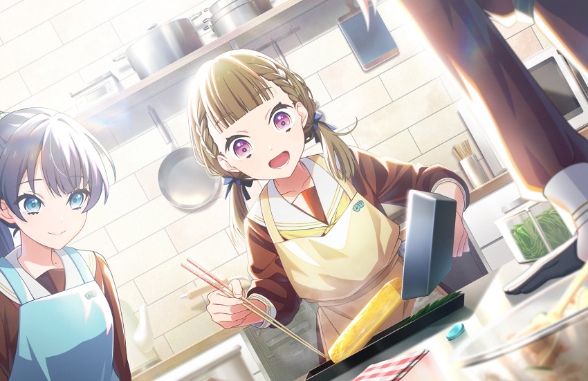 3girls :d apron black_gloves black_ribbon blue_apron blue_eyes blue_hair braid brown_dress brown_hair center-flap_bangs chopsticks closed_mouth cooking dark_blue_hair dress dutch_angle food game_cg gloves hair_ribbon half_gloves happy hasu_no_sora_school_uniform highres holding holding_chopsticks holding_pan indoors kachimachi_kosuzu kitchen link!_like!_love_live! long_hair long_sleeves looking_at_another love_live! low_twintails lower_teeth_only makiyakinabe mole mole_on_neck multiple_girls murano_sayaka neckerchief official_alternate_hairstyle official_art omelet open_mouth out_of_frame pink_eyes pinstripe_ribbon plate ponytail ribbon sailor_collar sailor_dress school_uniform side_ahoge side_braids slice_of_life smile solo_focus split_mouth tamagoyaki teeth third-party_source twintails virtual_youtuber white_sailor_collar winter_uniform yellow_apron yellow_neckerchief yugiri_tsuzuri