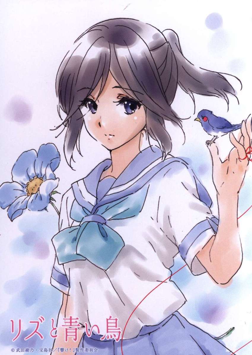 1girl animal bird black_hair blue_eyes blue_flower blue_neckerchief blue_sailor_collar blue_skirt bluebird closed_mouth copyright_name expressionless flower hand_up hibike!_euphonium highres holding holding_animal ikeda_shouko kasaki_nozomi kitauji_high_school_uniform liz_to_aoi_tori long_hair looking_at_viewer neckerchief official_art pleated_skirt ponytail sailor_collar scan school_uniform serafuku shirt short_sleeves skirt solo string string_of_fate white_shirt