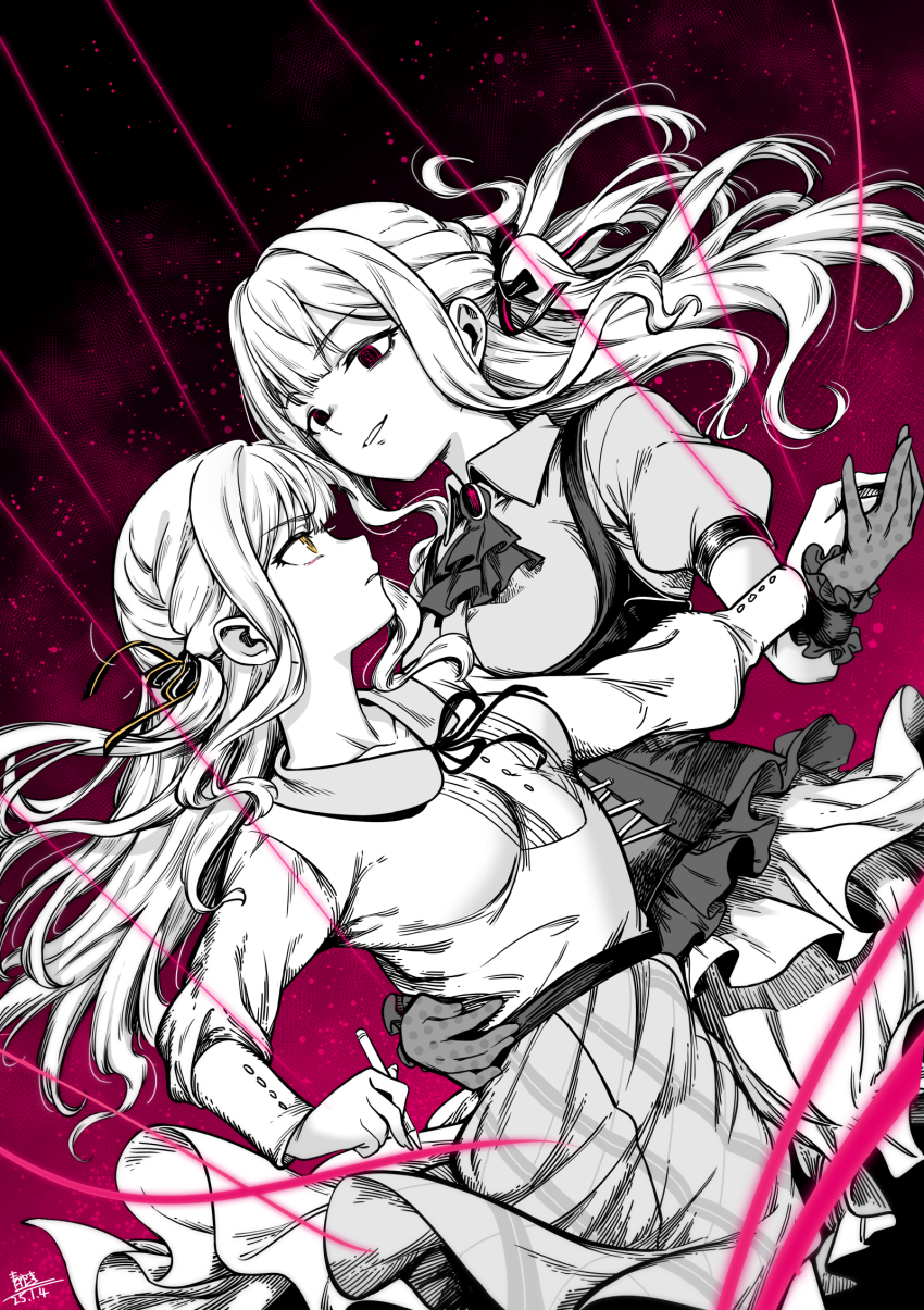 2girls bang_dream! bang_dream!_it&#039;s_mygo!!!!! breasts chinese_commentary commentary_request corset gloves greyscale_with_colored_background hair_ribbon highres holding holding_hands holding_pen long_hair medium_breasts multiple_girls neck_ribbon oblivionis_(bang_dream!) open_mouth parted_lips pen puppet_strings qingwa_chi_she red_brooch ribbon shirt sidelocks skirt spot_color togawa_sakiko