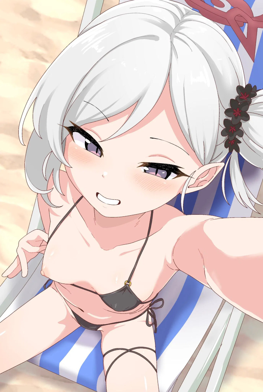 1girl bikini blue_archive blush breasts chair flashing flower grey_eyes grey_hair hair_flower hair_ornament halo highres loli long_hair looking_at_viewer lounge_chair mutsuki_(blue_archive) one_breast_out pointy_ears pulling_own_clothes selfie side_ponytail simple_background small_breasts smile solo string_bikini swimsuit tenuwi thigh_strap webp-to-png_conversion