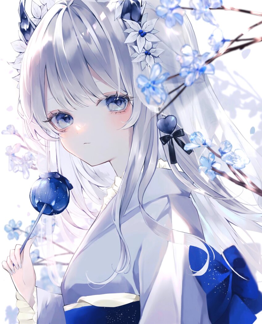 1girl absurdres ao_marumaru0720 black_ribbon blue_eyes blue_flower blue_kimono blue_ribbon branch breasts eyes_visible_through_hair flower hair_between_eyes hair_flower hair_ornament hair_ribbon heart heart_hair_ornament highres holding_candy_apple horns japanese_clothes kimono long_hair looking_at_viewer looking_to_the_side original ribbon solo tassel upper_body white_hair
