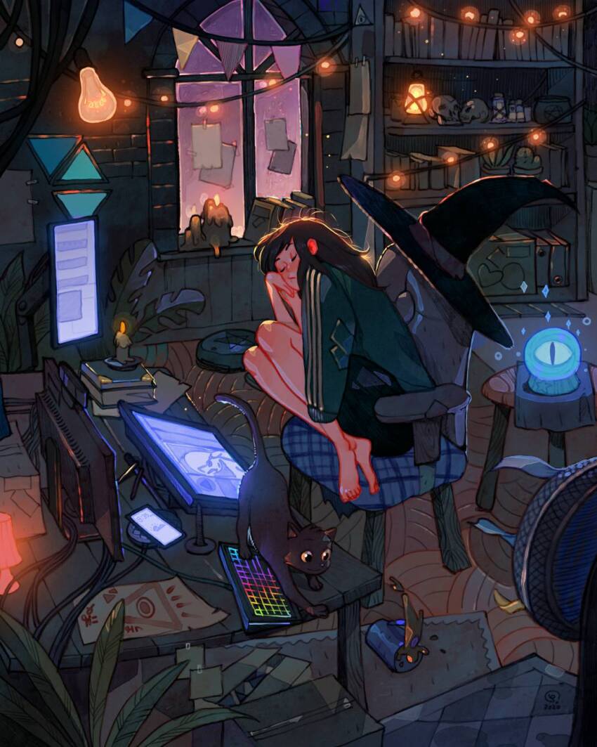 1girl artist_logo barefoot black_hat book bookshelf box brown_hair can candle cat cellphone chair charging_device closed_eyes closed_mouth coat coat_on_shoulders commentary computer_keyboard cushion dated desk drawing_(object) drawing_tablet electric_fan feet feet_on_chair full_body green_coat hand_on_own_head hat hat_ribbon highres indoors jar knees_up lantern leaning_to_the_side logo long_hair monitor multiple_monitors night on_chair original parquet_floor phone plant potted_plant ribbon rug simz sitting skull sleeping smartphone solo spilling string_of_flags string_of_light_bulbs succulent_plant toes unworn_hat unworn_headwear window witch_hat