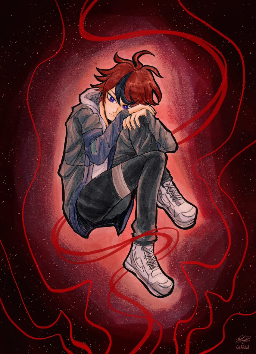 1boy ahoge black_hair black_pants fingernails full_body hair_between_eyes highres long_sleeves male_focus messy_hair multicolored_hair pants purple_eyes red_hair shoes simple_background solo solo_focus star_(sky) sumino_takumi the_hundred_line_-last_defense_academy- white_shoes