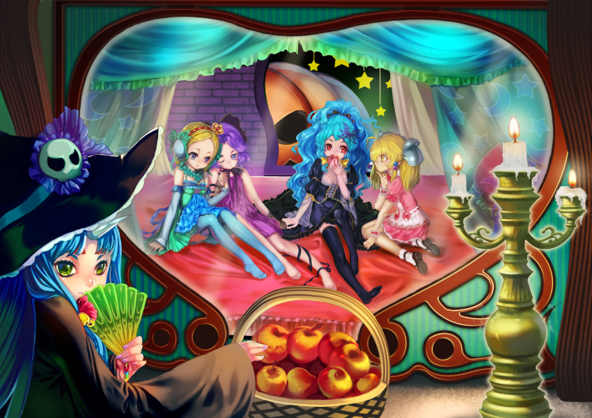 5girls alfimi banpresto candle candlestand dress folding_fan hand_fan hat highres irui_guneden latune_subbota multiple_girls pantyhose shine_hausen skull st.microscope super_robot_wars super_robot_wars_og_saga_mugen_no_frontier super_robot_wars_og_saga_mugen_no_frontier_exceed super_robot_wars_original_generation suzuka_hime thighhighs witch_hat