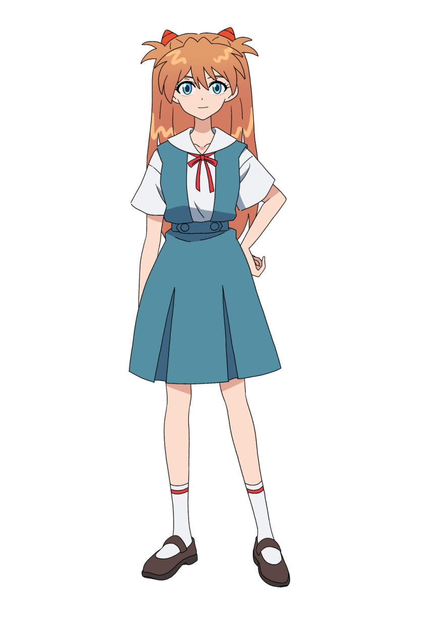 1girl blue_eyes blue_skirt blush breasts brown_hair closed_mouth full_body hair_between_eyes hand_on_own_hip long_hair looking_at_viewer neck_ribbon neon_genesis_evangelion red_ribbon ribbon sashimi_(sasihmi) school_uniform shirt short_sleeves skirt smile socks solo souryuu_asuka_langley standing suspender_skirt suspenders tokyo-3_middle_school_uniform two_side_up white_background white_shirt white_socks