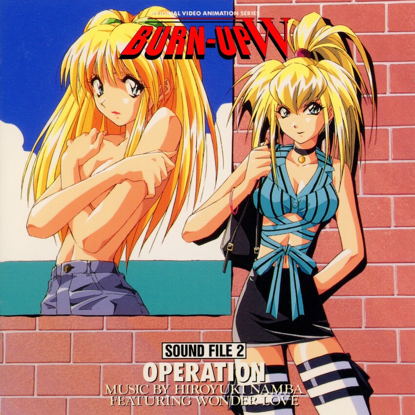 1990s_(style) 1girl absurdres blonde_hair blue_eyes breasts brick_wall burn-up burn-up_w choker cleavage highres kawai_yumi kinezono_rio medium_breasts navel official_art pencil_skirt ponytail retro_artstyle skirt yamashita_toshinari