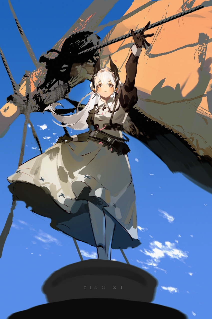 1girl absurdres arknights arm_up artist_name black_gloves blue_sky blush chest_harness chinese_commentary closed_mouth cloud collared_dress commentary_request cross cross_earrings dress earrings floating_hair gloves grey_eyes harness highres irene_(arknights) irene_(voyage_of_feathers)_(arknights) jewelry juliet_sleeves long_hair long_sleeves looking_at_viewer maid maid_headdress mast outdoors pantyhose puffy_sleeves rope sail sailing_ship shadow sidelighting skirt_hold sky sleeve_cuffs solo standing white_hair white_pantyhose wide_shot wind wind_lift yingzi