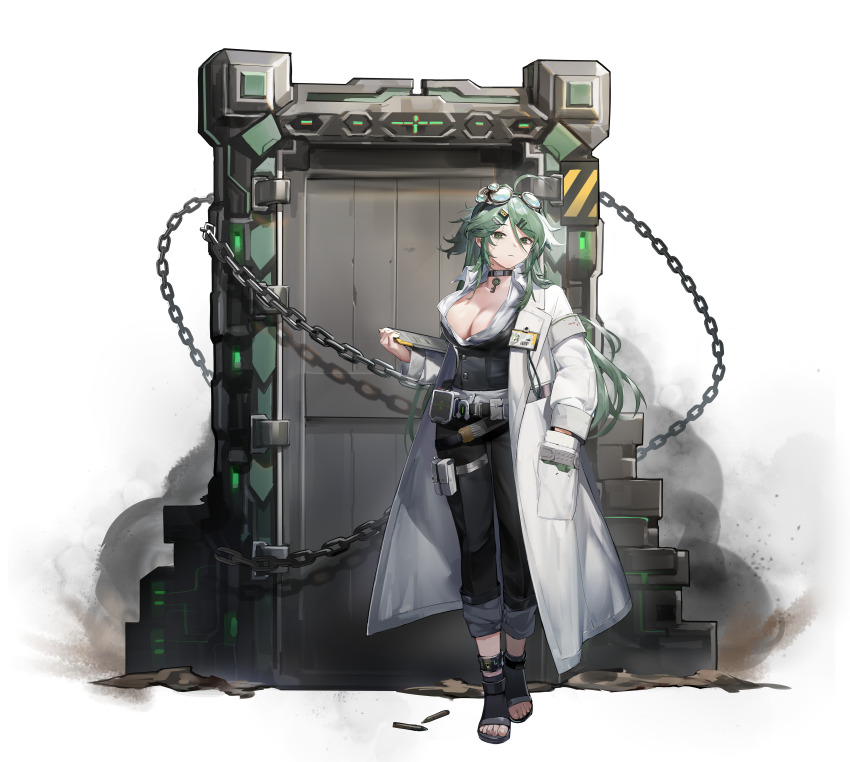 1girl absurdres ahoge ankleband armband belt black_pants black_shirt black_shoes breasts bullet chain choker christina_(haze/reverb) cleavage clipboard closed_mouth coat door dust full_body goggles goggles_on_head green_eyes green_hair grey_armband hair_between_eyes hair_ornament hand_in_pocket haze/reverb highres holding holding_clipboard id_card jewelry key key_necklace lab_coat long_hair long_sleeves looking_at_viewer messy_hair multiple_belts necklace official_art open_clothes open_coat pants pants_rolled_up partially_unbuttoned pouch shirt shoes simple_background tachi-e thigh_pouch thigh_strap toes utility_belt white_background xiaohuanjie