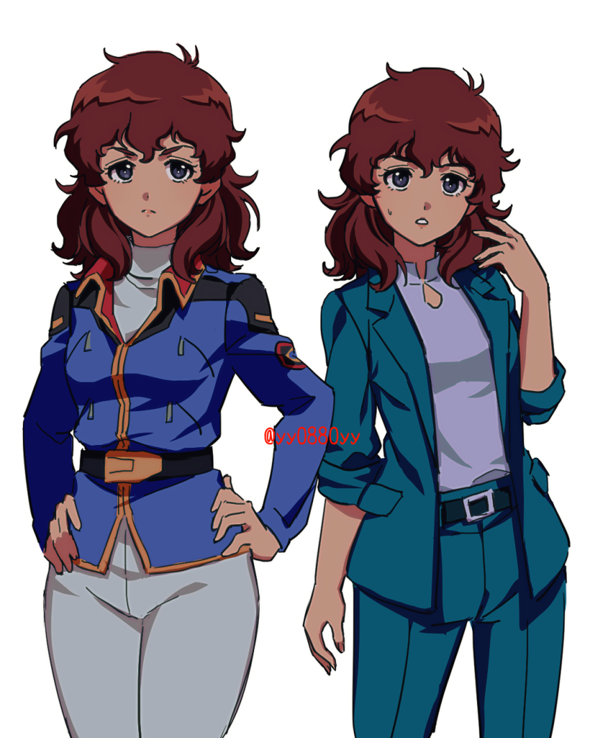1girl amuro_ray aqua_jacket aqua_pants artist_name belt black_belt blue_eyes blue_jacket breasts brown_hair char&#039;s_counterattack closed_mouth commentary_request cowboy_shot earth_federation_space_forces formal_clothes genderswap genderswap_(mtf) gundam hand_up hands_on_own_hips highres jacket long_hair looking_at_viewer military_uniform multiple_views pant_suit pants parted_lips purple_shirt shirt simple_background small_breasts suit sweatdrop twitter_username white_background white_pants white_shirt yy0880yy