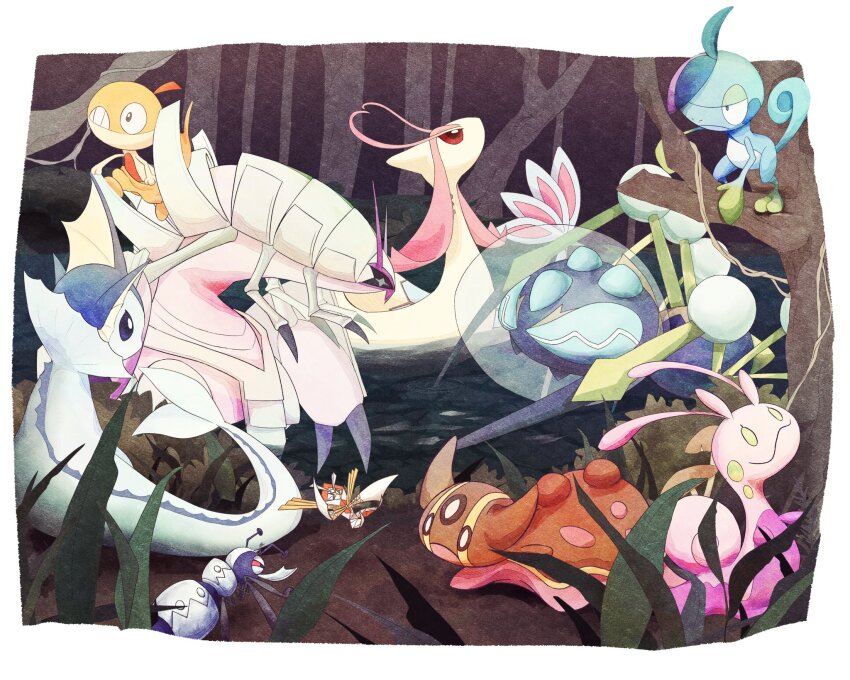 alternate_color animal_focus ant araquanid black_eyes blue_skin border bug claws colored_skin commentary_request dark_skin drizzile durant facial_mark fireblast floating forehead_mark forest forked_tail gastrodon gastrodon_(west) gen_1_pokemon gen_3_pokemon gen_4_pokemon gen_5_pokemon gen_6_pokemon gen_7_pokemon gen_8_pokemon golisopod grass green_eyes grey_pupils hair_over_one_eye highres insect kartana milotic nature nintendo no_humans on_tree outdoors outside_border pokemon pokemon_(creature) purple_skin red_eyes scrafty shiny_pokemon sliggoo spider star-shaped_pupils star_(symbol) symbol-shaped_pupils tail tree ultra_beast vaporeon water white_border