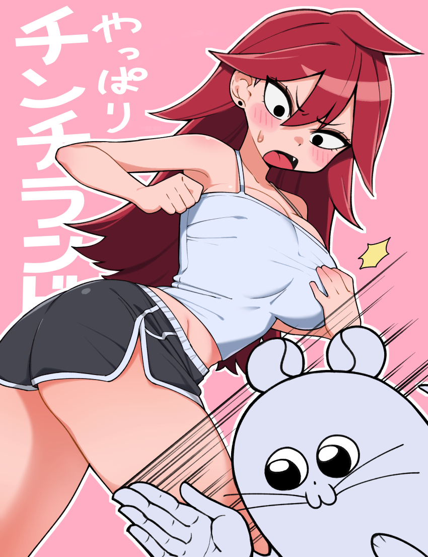 1girl absurdres animal ass bkub_(style) black_eyes black_shorts blush breasts camisole chinchilla_(animal) dolphin_shorts earrings fang hair_between_eyes hibikisan highres jewelry large_breasts long_hair open_mouth outline pink_background raia-chan red_hair shorts spaghetti_strap stud_earrings tongue white_camisole white_outline yappari_chinchirando