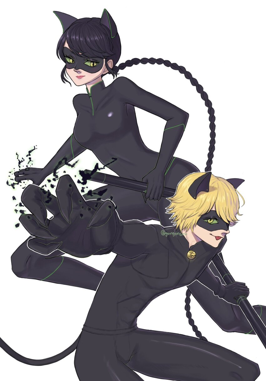 1boy 1girl adrien_agreste animal_ears bell black_bodysuit black_hair black_mask blonde_hair bodysuit braid cat_boy cat_ears cat_girl cat_tail chat_noir closed_mouth gongonsrr green_eyes highres holding holding_weapon jingle_bell lady_noire long_hair marinette_dupain-cheng miraculous_ladybug simple_background single_braid slit_pupils smile superhero_costume tail tongue tongue_out very_long_hair weapon white_background