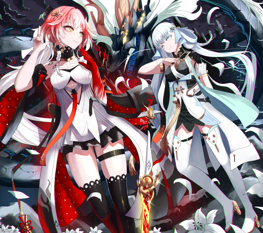 1other 2girls absurdres bare_shoulders black_bow black_collar black_dress black_thighhighs body_markings boots bow braid breasts bright_pupils changli_(wuthering_waves) check_commentary chromatic_aberration closed_mouth coat collar colored_extremities commentary_request dragon dress eastern_dragon hair_bow hair_extensions hair_ornament halterneck hand_up highres index_finger_raised jinhsi_(wuthering_waves) jue_(wuthering_waves) large_breasts long_hair looking_at_another low_twintails multicolored_hair multiple_girls pink_hair red_hands ring_hair_extensions sidelocks smile sword tacet_mark_(wuthering_waves) thigh_boots thigh_strap thighhighs twin_braids twintails two-tone_hair two_side_up very_long_hair walking weapon white_bow white_coat white_dress white_eyes white_footwear white_hair white_pupils wuthering_waves yellow_eyes yusuke_(shiota)