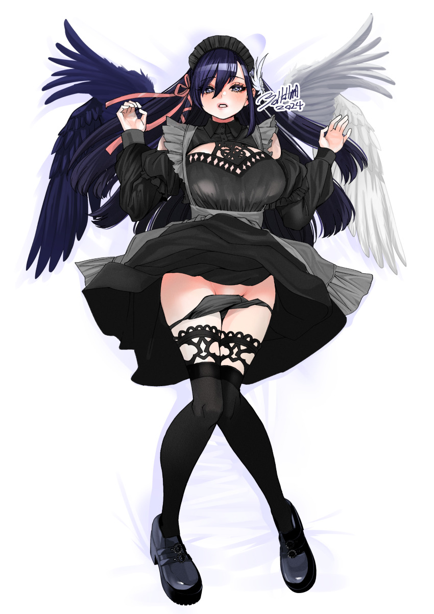 absurdres alternate_costume apron asymmetrical_bangs black_dress black_footwear black_hair blue_eyes breasts clothes_lift clothing_cutout dress final_fantasy final_fantasy_xiv full_body fusion gaia_(ff14) goth_fashion hair_ornament hands_up highres huge_breasts hyur long_hair lying maid_apron maid_headdress multicolored_wings on_back on_bed ooshima_ryou paid_reward_available panties panty_pull pink_ribbon ribbon ryne_waters shoulder_cutout signature skirt skirt_lift thighs underwear white_apron wings