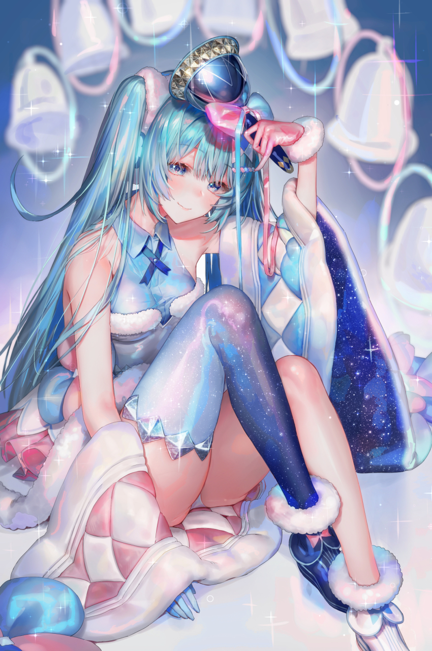 1girl aqua_hair asymmetrical_footwear asymmetrical_gloves bare_shoulders bell blue_eyes blue_flower blue_gloves blue_thighhighs blurry blush breasts depth_of_field detached_sleeves dress feet_out_of_frame flower fur-trimmed_footwear fur-trimmed_gloves fur_trim gloves hair_ornament hand_up hatsune_miku highres holding holding_bell knees_up looking_at_viewer magical_mirai_(vocaloid) magical_mirai_miku magical_mirai_miku_(2020_winter) mismatched_footwear mismatched_gloves oohhya panties pantyshot pinky_out red_gloves shawl single_thighhigh sitting smile sparkle starry_sky_print thighhighs twintails two-tone_bow underwear vocaloid white_footwear white_panties