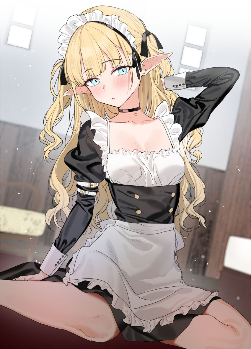 1girl absurdres apron arm_behind_head black_corset black_dress blonde_hair blue_eyes blush breasts collarbone commentary_request corset dress elf highres long_sleeves looking_at_viewer maid maid_apron maid_headdress notched_ear original parted_lips pointy_ears sitting solo subachi thighs