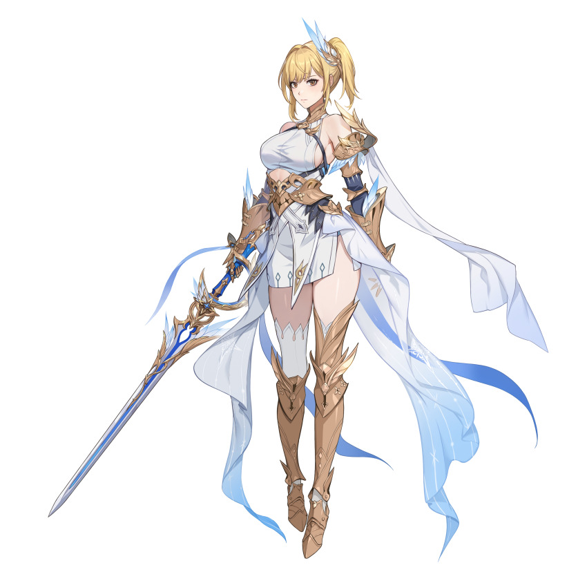 1girl absurdres armored_boots blonde_hair boots breasts brown_hair cha_hae-in full_body highres holding holding_sword holding_weapon large_breasts looking_at_viewer official_alternate_costume official_art simple_background solo solo_leveling solo_leveling:_arise sword transparent_background weapon