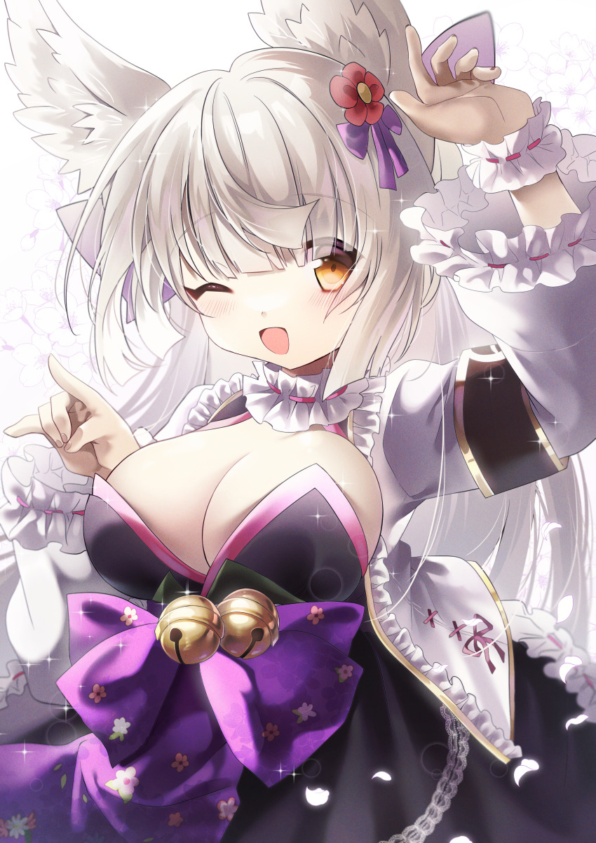 1girl absurdres animal_ears bell breasts chachong_sama choker dress emil_chronicle_online flower fox_ears fox_shadow_puppet frilled_choker frilled_dress frilled_skirt frills hair_flower hair_ornament highres large_breasts long_hair one_eye_closed open_mouth purple_ribbon ribbon skirt tamamo_lore white_hair yellow_eyes