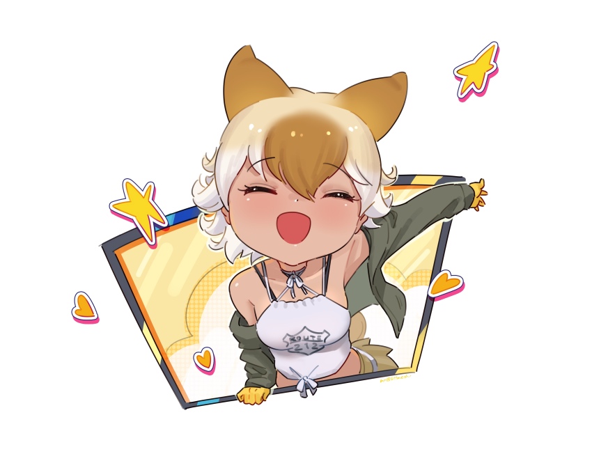 1girl absurdres animal_ears beleven belt black_jacket blonde_hair blush bow bowtie brown_skirt closed_eyes coyote_(kemono_friends) extra_ears gloves hair_between_eyes highres jacket kemono_friends kemono_friends_v_project long_sleeves midriff multicolored_hair open_mouth pleated_skirt shirt short_hair sidelocks skirt smile solo spaghetti_strap star_(symbol) tail tank_top virtual_youtuber white_belt white_bow white_bowtie white_hair white_shirt wolf_ears wolf_girl wolf_tail yellow_gloves