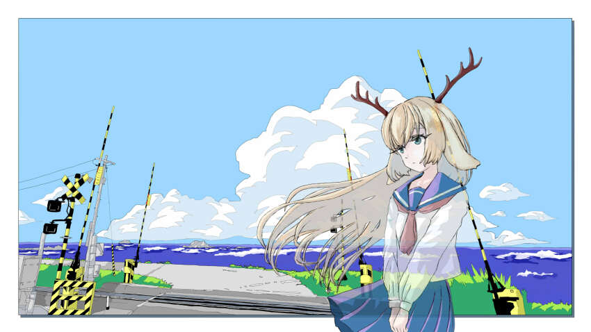 1girl alternate_costume antlers blonde_hair blue_sailor_collar blue_skirt blue_sky border cel_shading closed_mouth cloud commentary_request cowboy_shot expressionless grass green_eyes highres horizon horns long_hair looking_afar masuo_insu nanashi_inc. neckerchief ocean outside_border own_hands_together railroad_crossing red_neckerchief road sailor_collar school_uniform serafuku shirt shoujo_rei_(vocaloid) skirt sky solo transparent tsukinoki_tirol utility_pole virtual_youtuber waves white_border white_shirt