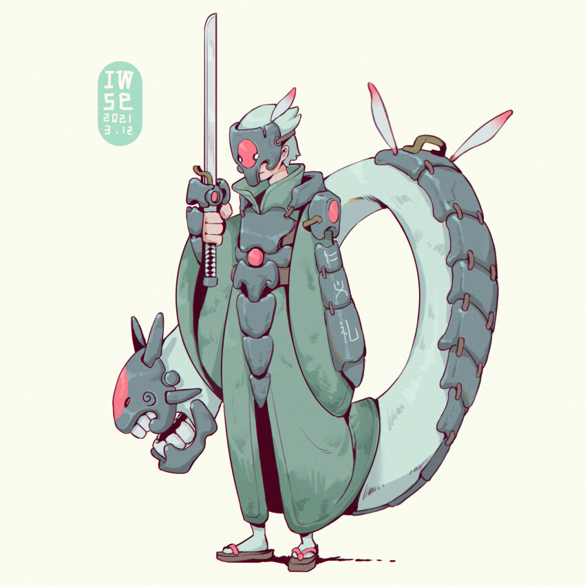 1boy arm_at_side armor artist_name breastplate brown_sandals chinese_text chromatic_aberration closed_mouth clothes_writing covered_face dated dragon_tail feathers fewer_digits grey_hair grey_socks hand_up high_collar highres holding holding_sword holding_weapon iwse_zhang long_sleeves long_tail male_focus mask multiple_heads open_mouth original sandals short_hair shoulder_armor signature simple_background socks solo sword tabi tail tail_mouth teeth translation_request weapon white_background wide_sleeves
