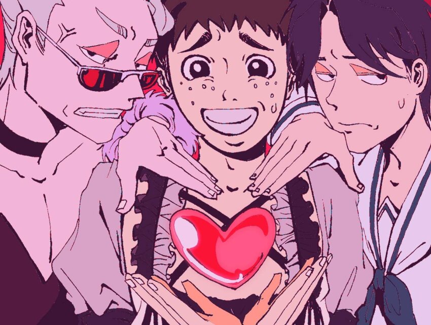 3boys akagi:_yami_ni_oritatta_tensai alternate_costume anger_vein apron black_apron black_choker black_eyes black_hair blue_neckerchief brown_hair chinese_commentary choker clenched_teeth closed_mouth commentary_request crossdressing enmaided freckles frilled_apron frills frown fukumoto_mahjong grey_hair half-closed_eyes heart heart_hands heart_hands_trio hirayama_yukio igawa_hiroyuki looking_at_viewer maid male_focus multiple_boys nanji_yuan_zhumin neckerchief nozaki_osamu red-tinted_eyewear red_background sailor_collar shirt short_hair sunglasses teeth ten_(manga) tinted_eyewear upper_body white_sailor_collar white_shirt