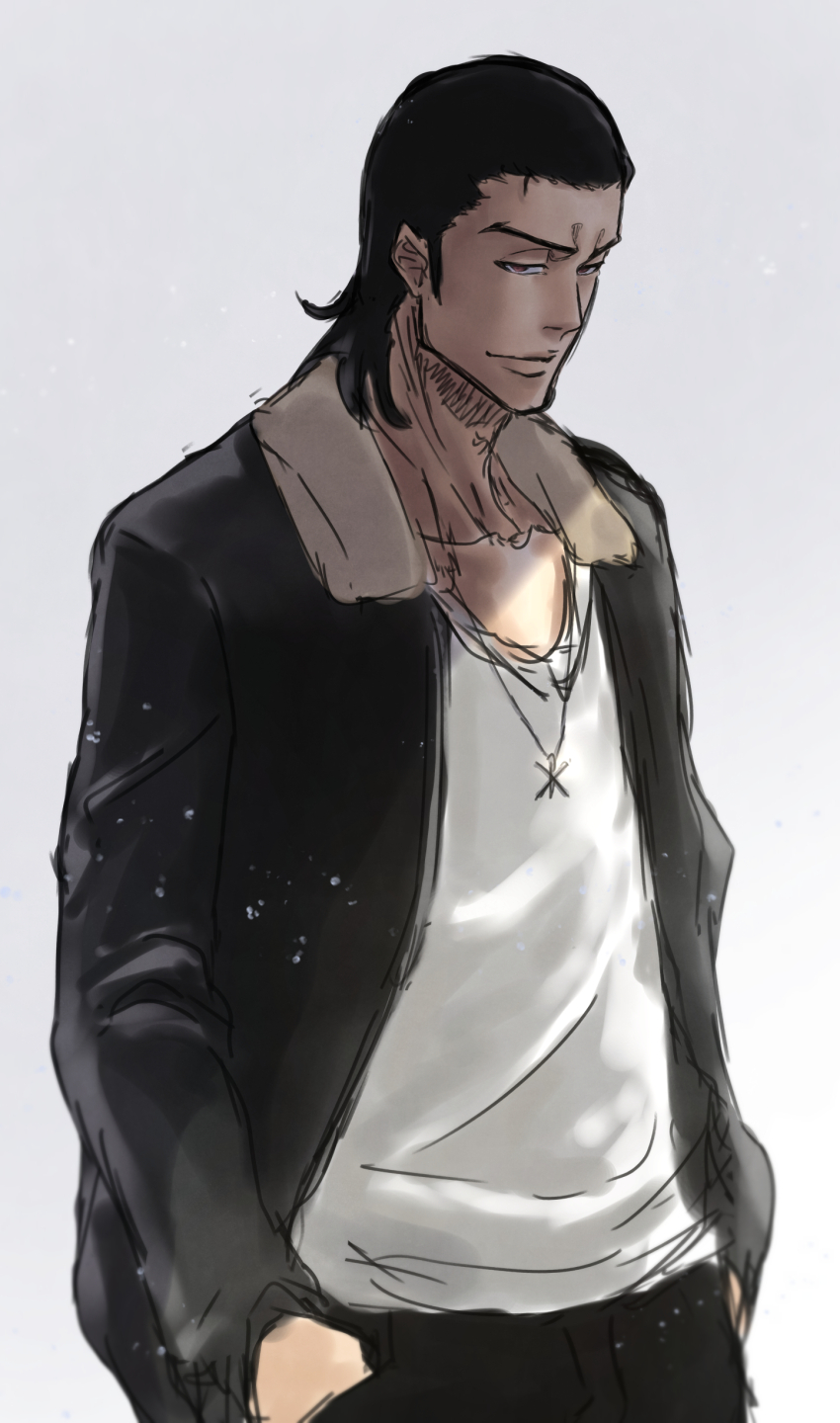 1boy absurdres black_hair black_jacket black_pants bleach brown_eyes closed_mouth collarbone commentary_request ginjou_kuugo gradient_background hair_slicked_back hand_in_pocket highres jacket jewelry looking_at_viewer male_focus medium_hair mitarashi_(5333069) necklace open_clothes open_jacket pants shirt shirt_tucked_in simple_background white_shirt