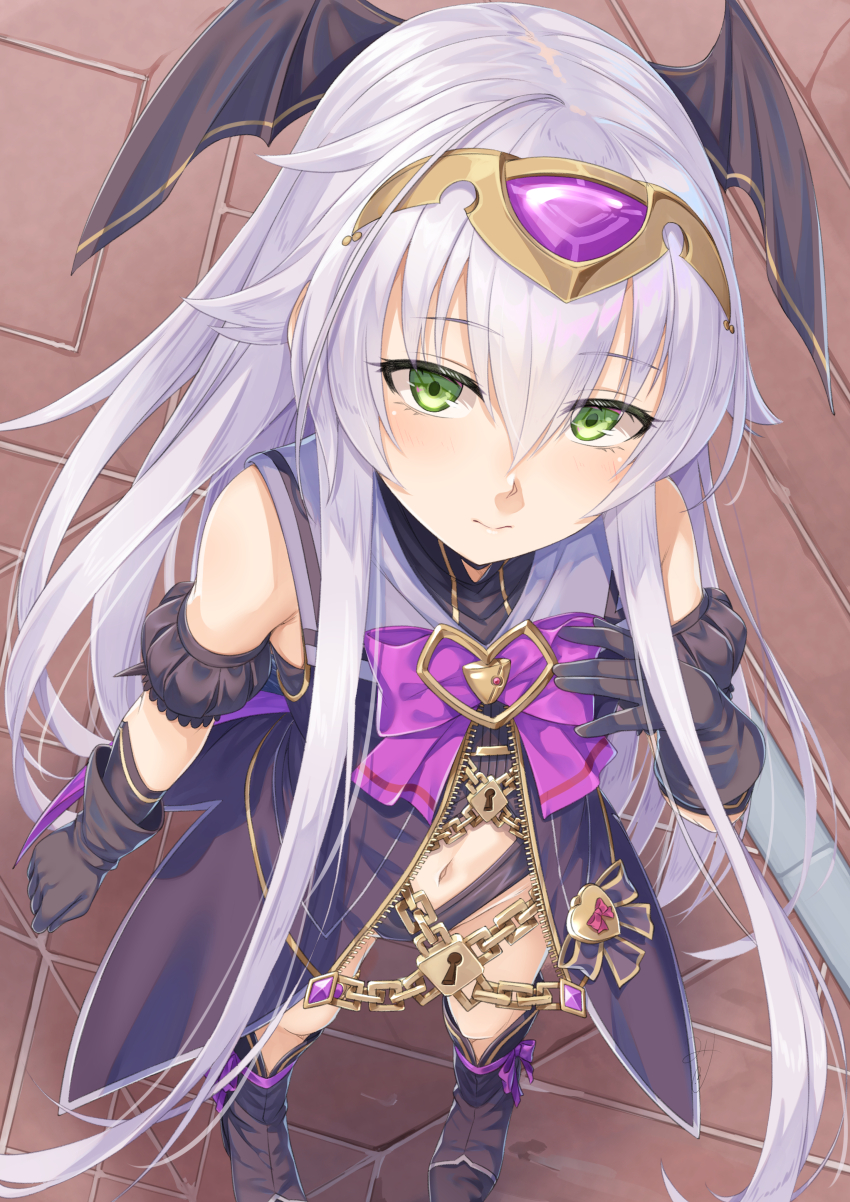 1girl absurdres altina_orion black_gloves chain closed_mouth commentary_request commission eiyuu_densetsu eyelashes fake_head_wings falcom from_above gloves green_eyes hair_between_eyes hajimari_no_kiseki head_wings highres lock long_hair looking_at_viewer miri_(ago550421) navel official_alternate_costume pixiv_commission sen_no_kiseki sen_no_kiseki_(series) sen_no_kiseki_iv smile solo white_hair wings