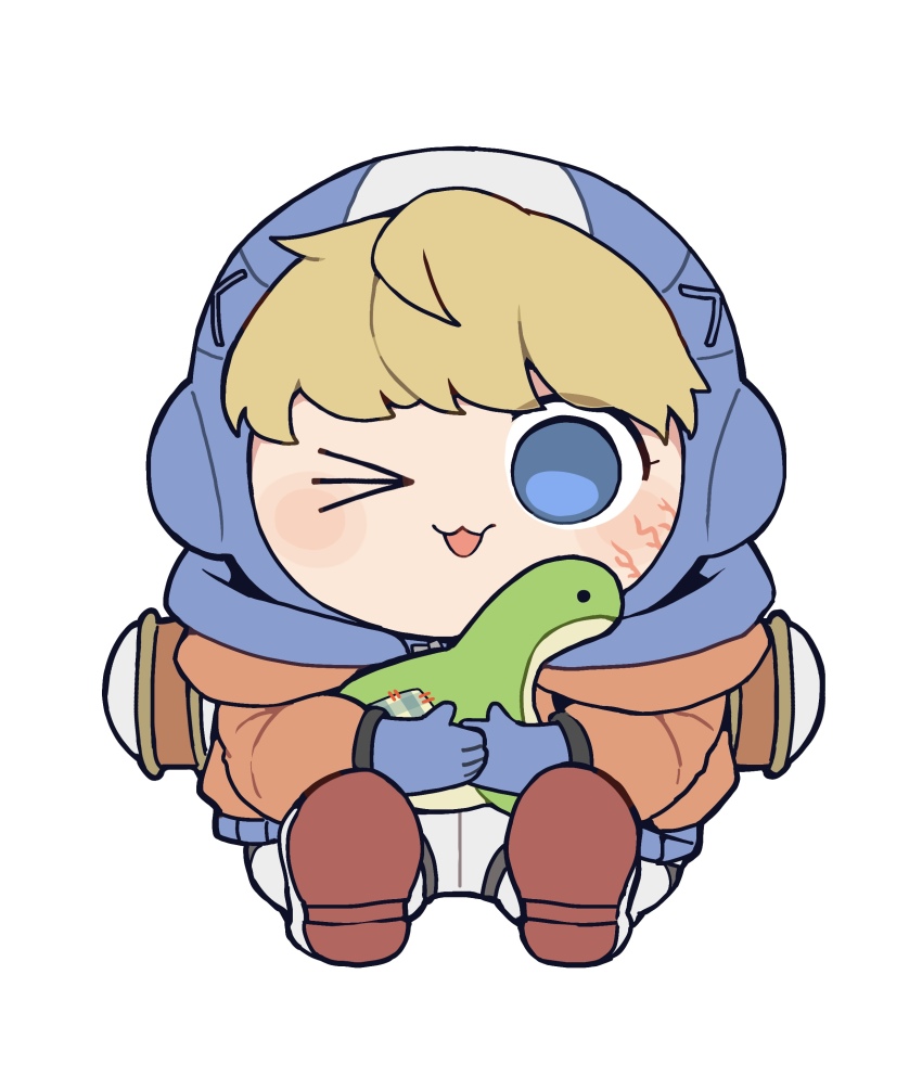 1girl absurdres apex_legends blonde_hair blue_gloves blush bodysuit chibi commentary facial_scar gloves highres holding holding_stuffed_toy hood hood_down hooded_jacket jacket nessie_(respawn) nojima_minami orange_jacket scar scar_on_cheek scar_on_face simple_background sitting smile solo straight-on stuffed_toy symbol-only_commentary wattson_(apex_legends) white_background white_bodysuit