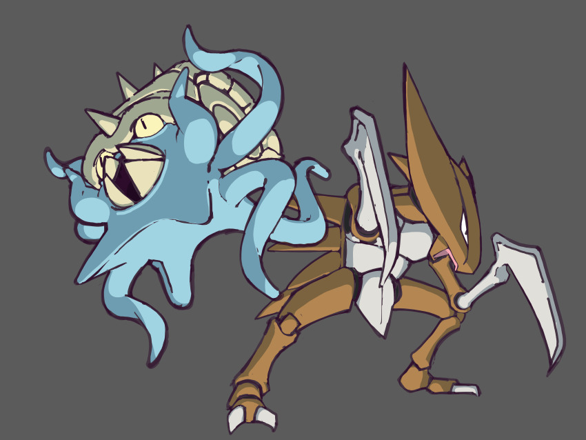 absurdres claws commentary_request game_freak gen_1_pokemon grey_background highres horns kabutops nintendo no_humans omastar open_mouth pokemon pokemon_(creature) pokemon_focus simple_background spikes standing tea_zatter yellow_eyes
