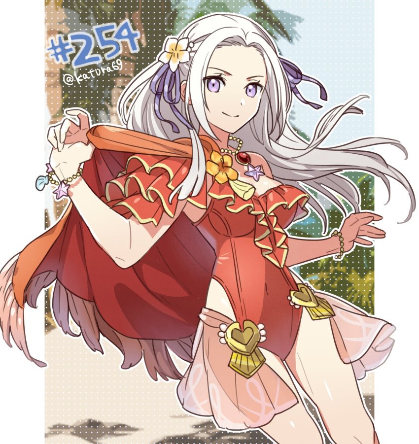 1girl blush breasts cape closed_mouth edelgard_von_hresvelg edelgard_von_hresvelg_(summer) fire_emblem fire_emblem:_three_houses fire_emblem_heroes frilled_one-piece_swimsuit frills hair_ornament hair_ribbon highres katsura_ichiho long_hair looking_at_viewer medium_breasts nintendo official_alternate_costume official_art one-piece_swimsuit purple_eyes red_one-piece_swimsuit ribbon smile solo swimsuit white_hair