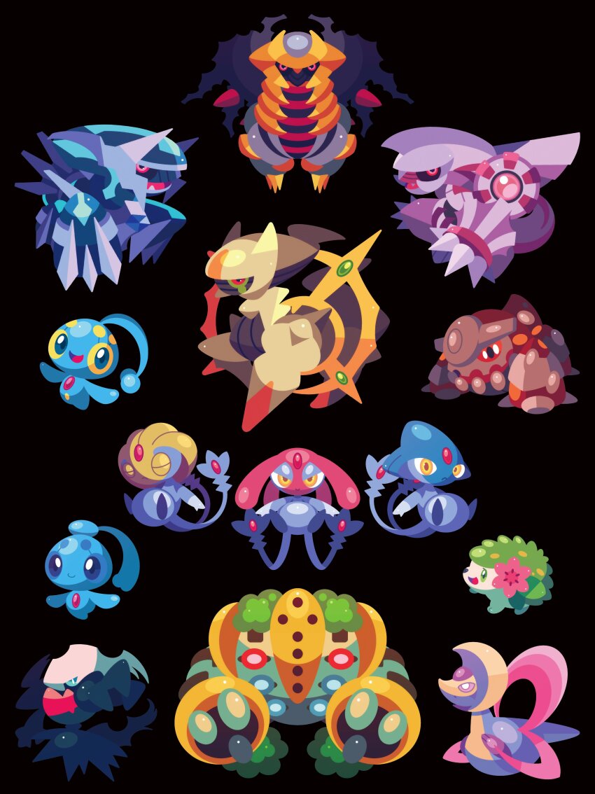 6+others absurdres arceus azelf black_background black_sclera blue_eyes blue_sclera bright_pupils chest_jewel chibi claws closed_eyes colored_sclera cresselia darkrai dialga dragon fangs flower forehead_jewel gen_4_pokemon giratina giratina_(altered) gracidea green_eyes green_sclera heatran highres legendary_pokemon looking_at_viewer manaphy mesprit multiple_others mythical_pokemon nintendo no_humans open_mouth palkia phione pink_flower pink_sclera pokemon pokemon_(creature) pokemon_dppt reaching reaching_towards_viewer red_eyes regigigas shaymin shaymin_(land) shichi_(7cube_ori) simple_background smile spikes uxie white_pupils yellow_eyes
