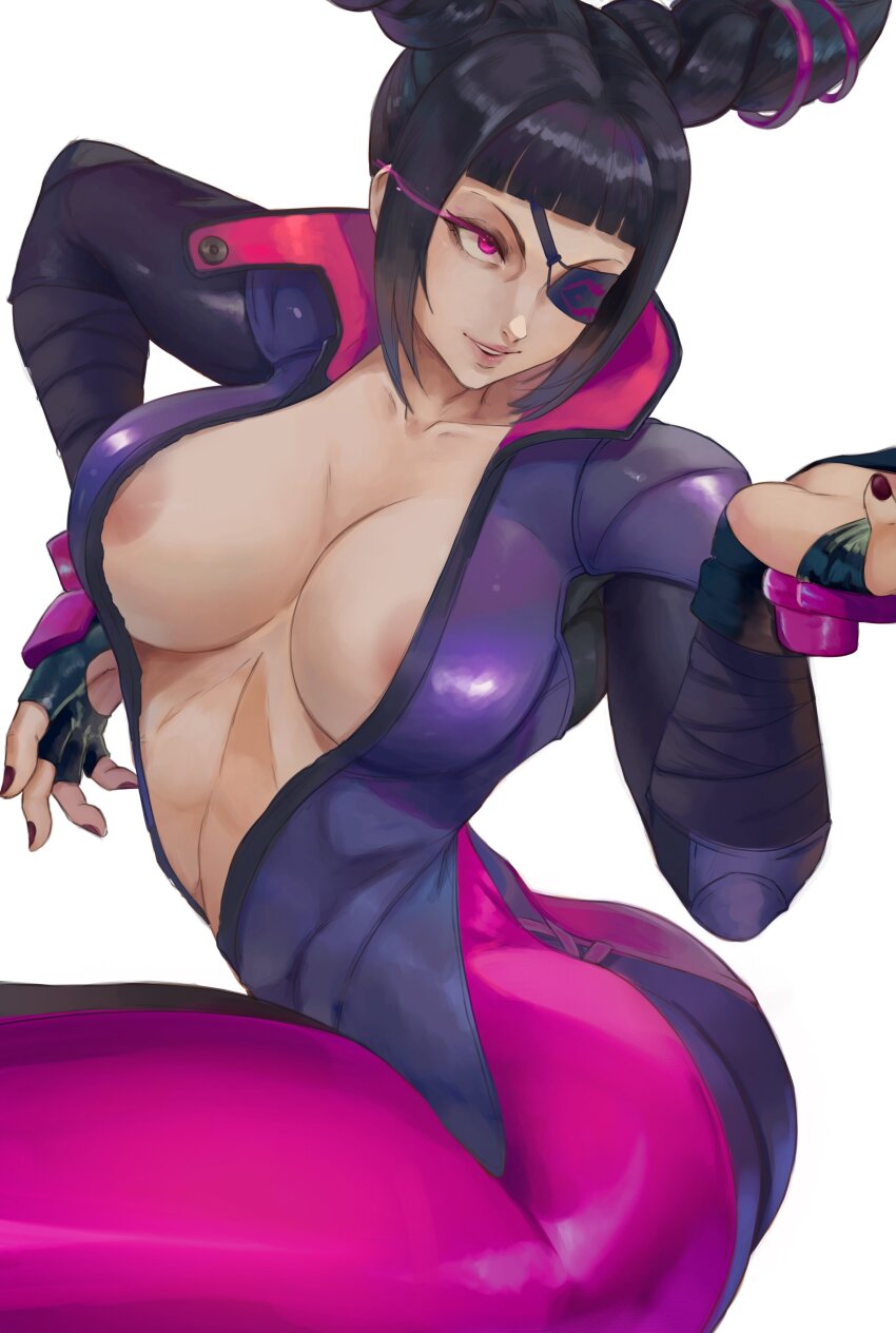 1girl absurdres alterlesott black_hair breasts cleavage eyepatch fingerless_gloves gloves glowing glowing_eye han_juri highres jumpsuit large_breasts nipple_slip nipples one_eye_covered pink_eyes ponytail solo street_fighter street_fighter_v