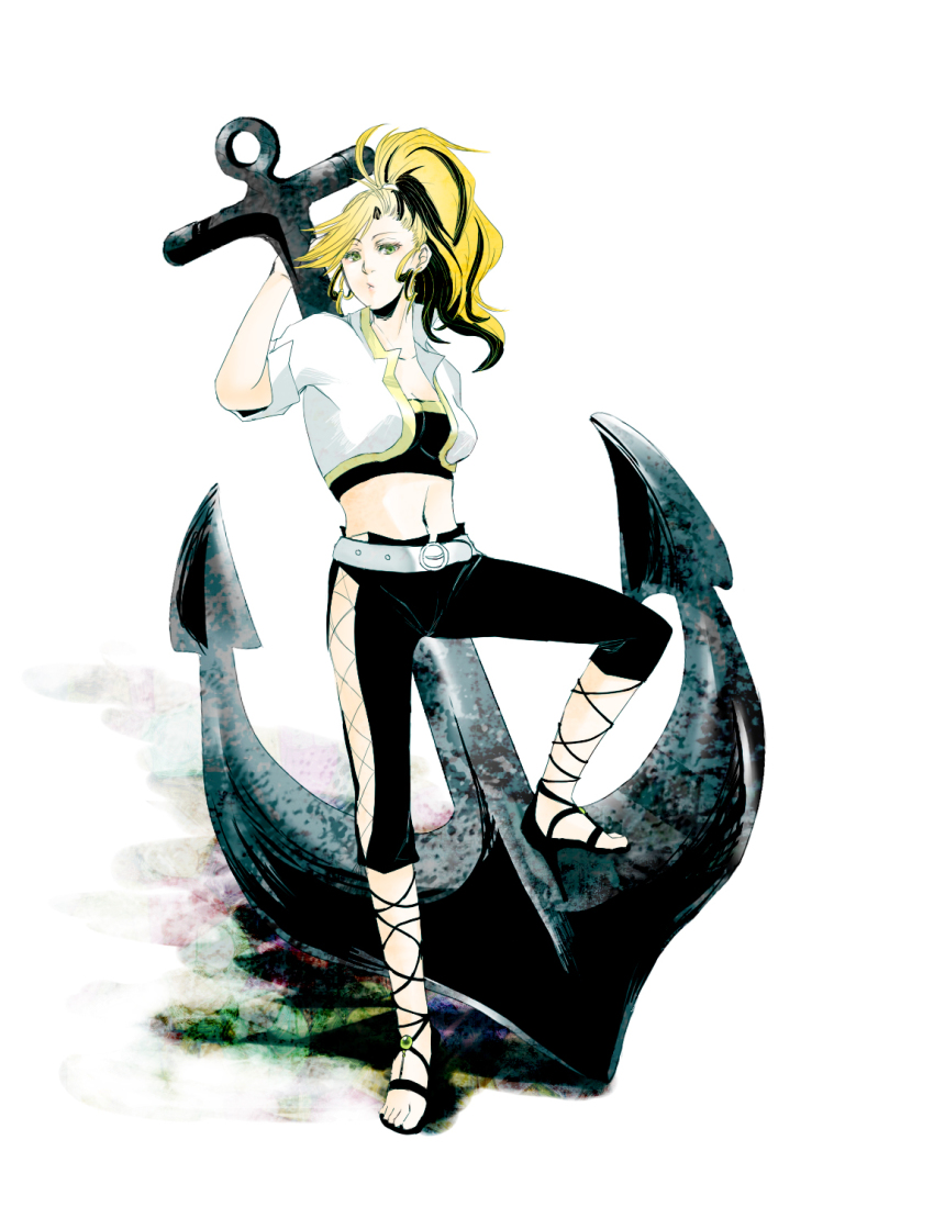 acm anchor ashima015 bad_id bad_pixiv_id belt blonde_hair green_eyes highres midriff navel ponytail sandals solo