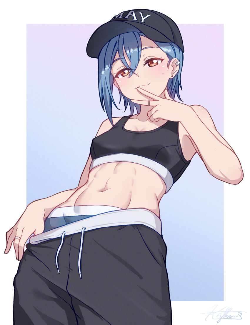 1girl :3 abs absurdres baseball_cap black_hat black_shorts black_sports_bra blue_background blue_hair border breasts closed_mouth clothes_pull commentary_request cowboy_shot crossed_bangs earrings gradient_background hair_between_eyes hat highres jewelry kafka963 leaning_back love_live! love_live!_superstar!! medium_breasts middle_ring multiple_rings orange_eyes outside_border pulling_own_clothes purple_background ring short_hair shorts shorts_pull signature smile solo split_mouth sports_bra standing stud_earrings w w_over_mouth wakana_shiki white_border