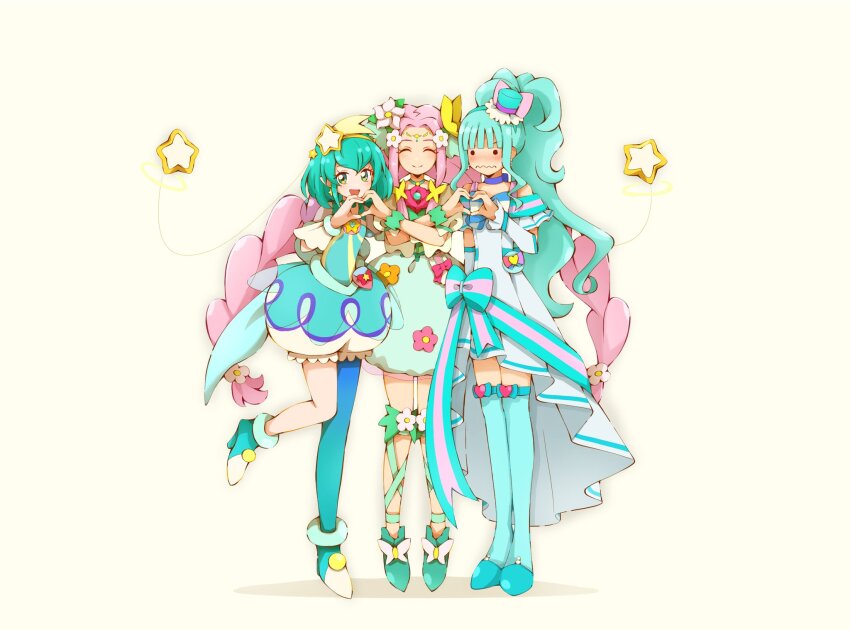 3girls alien antennae aqua_bow aqua_hair aqua_shirt aqua_shoes aqua_shorts aqua_thighhighs arm_warmers back_bow baggy_shorts blue_dress blush bow bracelet braid choker closed_eyes cure_felice cure_lillian cure_milky dress flower full_body gradient_thighhighs green_eyes green_ribbon green_shoes green_skirt hagoromo_lala hair_flower hair_ornament hanami_kotoha hat heart heart_hands heart_hands_trio high-low_dress high_heels high_ponytail highres in-franchise_crossover jewelry juliet_sleeves leg_ribbon long_hair long_sleeves looking_at_viewer magical_girl mahou_girls_precure! mini_hat multiple_girls nekoyashiki_mayu o_o off-shoulder_dress off_shoulder pink_hair pleated_dress pointy_ears ponytail precure puffy_short_sleeves puffy_sleeves ribbon see-through_clothes see-through_sleeves shirt shoes short_hair short_sleeves shorts simple_background single_thighhigh skirt smile standing standing_on_one_leg star_(symbol) star_hair_ornament star_twinkle_precure thighhighs twin_braids very_long_hair wavy_mouth white_background white_sleeves wonderful_precure! wrist_cuffs yuu13