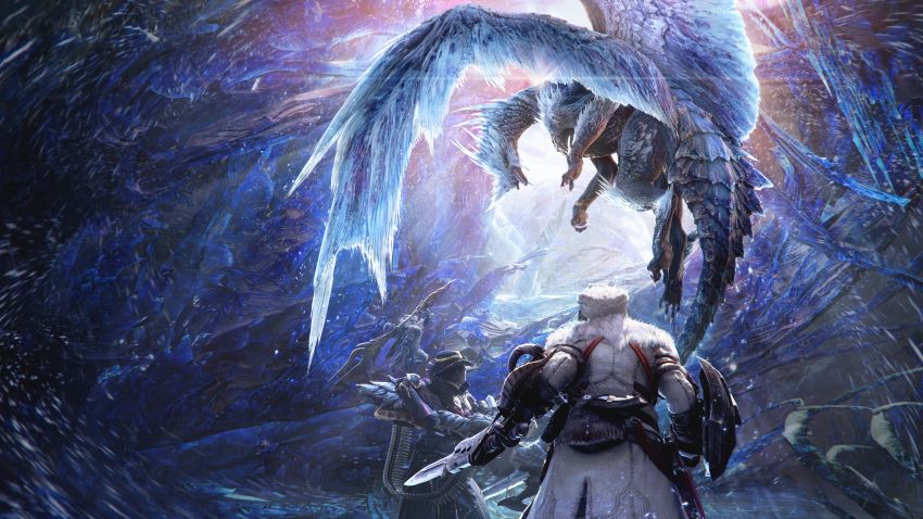 1girl 2boys 3d absurdres armor bowgun claws coat cowboy_hat elder_dragon from_behind fur_trim gauntlets hat helmet highres horns key_visual monster monster_hunter:_world monster_hunter_(series) multiple_boys official_art promotional_art rock scales sharp_teeth shield snow spikes staff sword teeth velkhana weapon wings