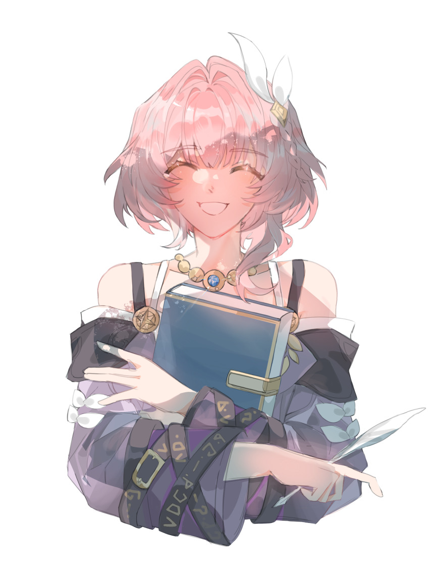 1girl ^_^ absurdres bare_shoulders book closed_eyes cyrene_(honkai:_star_rail) dress facing_viewer hair_intakes hair_ribbon highres holding holding_book honkai:_star_rail honkai_(series) jewelry long_sleeves necklace off-shoulder_dress off_shoulder pink_hair purple_dress ren_(yihuanbierhuanshaoyihuan) ribbon short_hair simple_background solo upper_body white_background white_ribbon