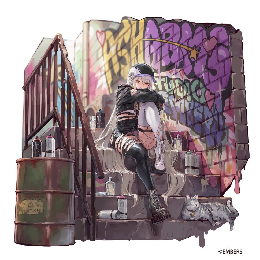 alcohol ash_arms b-50_superfortress_(ash_arms) baseball_cap bikini black_dress black_jacket dress fishnets hat highres jacket knee_up legs open_clothes open_jacket socks_over_fishnets suzuno_(bookshelf) thigh_strap thighhighs thighs zipper zipper_bikini