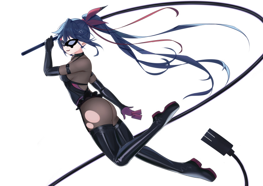 1girl :d absurdres allen_m._sumner_(azur_lane) allen_m._sumner_(two_faces_of_justice)_(azur_lane) arm_behind_back ass azur_lane backless_dress backless_outfit black_dress black_gloves blue_hair bodysuit boots breasts card dress elbow_gloves fang from_side full_body garter_straps gloves hair_between_eyes hair_ornament hair_ribbon hairclip hand_up highres holding holding_card holding_whip leaning_forward leather leather_boots leather_gloves leg_up long_hair looking_at_viewer looking_back mask microdress midair open_mouth over_shoulder ponytail red_eyes red_ribbon ribbon small_breasts smile solo thigh_boots thighs torn_bodysuit torn_clothes very_long_hair weapon weapon_over_shoulder xin_sanmu