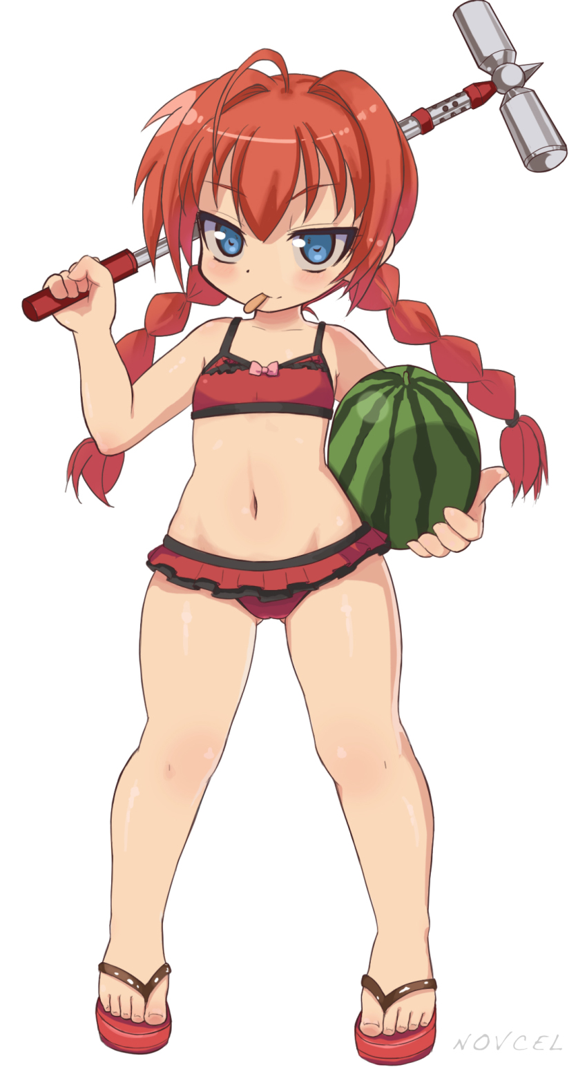 1girl ahoge bare_arms bare_legs bare_shoulders bikini bow bow_bikini bow_swimsuit braid chibi closed_mouth commentary copyright_request english_commentary female_focus flat_chest flip-flops food frilled_bikini frills fruit full_body graf_eisen hair_between_eyes hair_intakes hammer highres holding legs_apart long_hair looking_at_viewer lowleg lowleg_bikini lowleg_swimsuit lyrical_nanoha navel novcel object_request parted_bangs pink_bow red_bikini red_hair red_sandals sandals simple_background smile solo standing swimsuit tankini tsurime twin_braids vita_(nanoha) watermelon white_background wide_hips