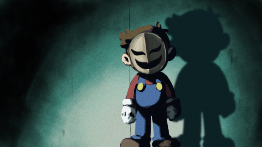 1boy brown_hair emio facing_viewer famicom_tantei_club gloves highres mario mario_(series) mask nintendo no_headwear overalls phanto shoes solo standing super_mario_bros._2 ya_mari_6363