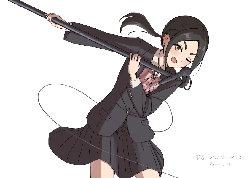 1girl absurdres akebi-chan_no_serafuku black_jacket black_skirt blazer bow bowtie brown_eyes feet_out_of_frame hebimori_oshizu highres jacket kakikakuka long_hair low_ponytail microphone one_eye_closed ponytail rocking roubai_academy_school_uniform_(new) school_uniform skirt striped_bow translation_request