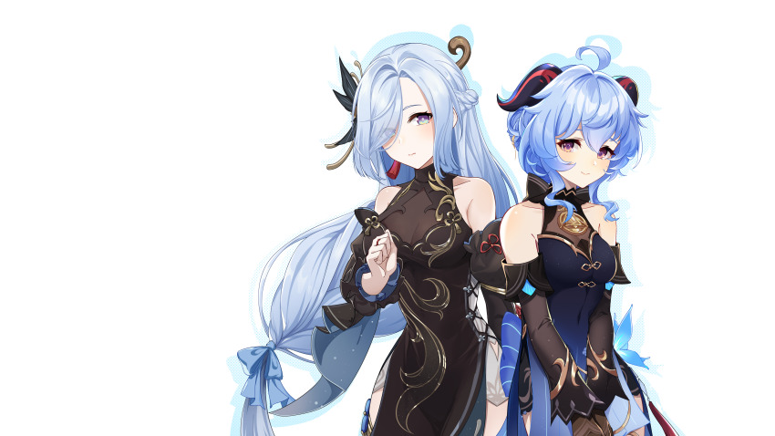 2girls absurdres ahoge ai_ke_le_de_xiao_hong bare_shoulders bell black_dress blue_dress blue_eyes blue_hair breasts china_dress chinese_clothes cleavage closed_mouth commentary_request cowboy_shot detached_sleeves dress drop_shadow ganyu_(genshin_impact) ganyu_(twilight_blossom)_(genshin_impact) genshin_impact goat_horns gradient_clothes gradient_dress hair_between_eyes hair_ornament hair_over_one_eye highres horns large_breasts long_hair looking_at_viewer low-tied_long_hair multiple_girls neck_bell official_alternate_costume purple_eyes see-through_cleavage see-through_clothes shenhe_(frostflower_dew)_(genshin_impact) shenhe_(genshin_impact) side-by-side simple_background sleeveless sleeveless_dress smile very_long_hair white_background