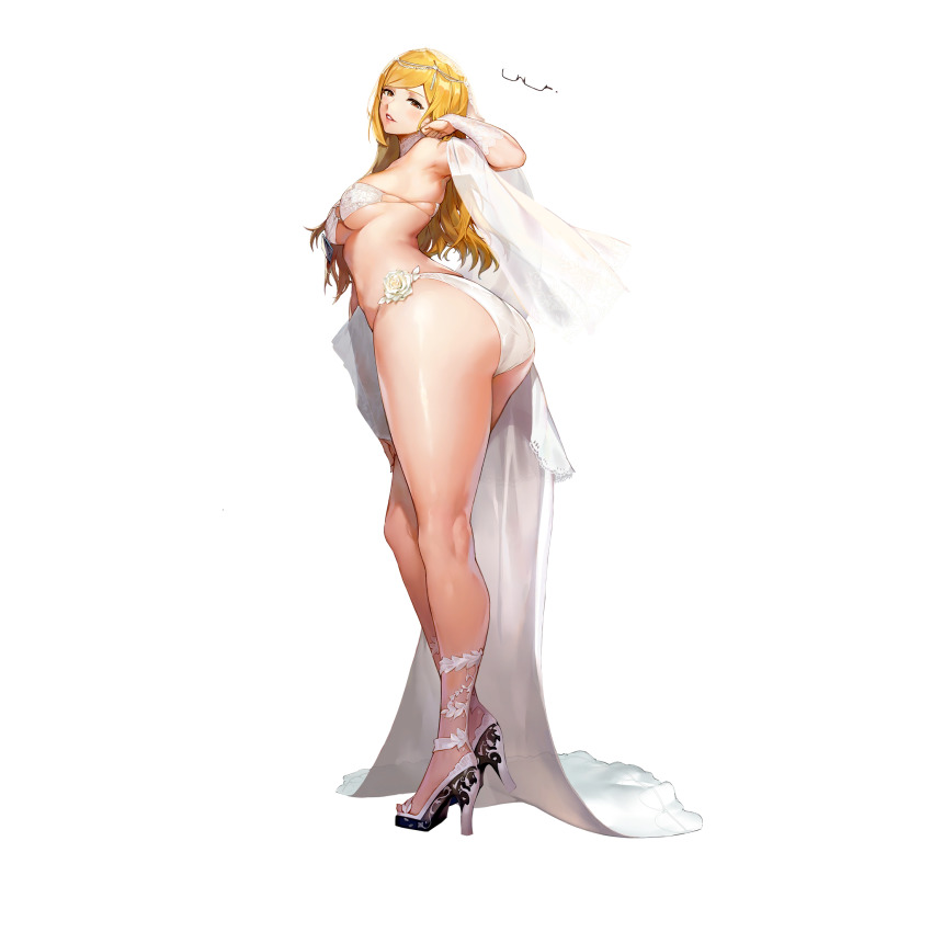 1girl alexandra_of_resonance ankle_strap armpits ass bikini blonde_hair breasts bridal_gauntlets bridal_veil circlet collar detached_collar dress eyepatch_bikini unworn_eyewear flower from_behind full_body game_cg gloves hair_down high_heels highres jam_(nandade) lace lace_bikini lace_collar lace_gloves last_origin long_hair looking_at_viewer looking_back medium_breasts name_tag o-ring o-ring_top official_alternate_costume official_art red_eyes see-through_clothes simple_background skindentation solo string_bikini swimsuit tachi-e thick_thighs thighs transparent_background underboob veil wedding_dress white_bikini white_collar white_flower white_footwear
